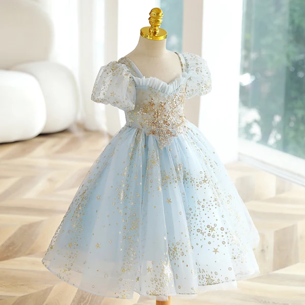 Fashion Sky Blue Star Sequins Birthday Flower Girl Dresses 2023 Ball Gown Square Neckline Short Sleeve Backless Floor-Length / Long Flower Girl Dresses
