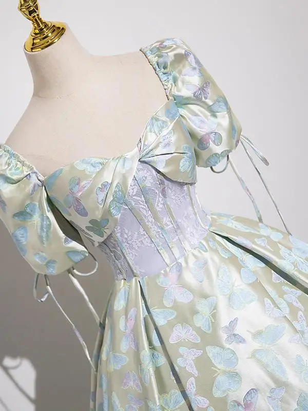 Fashion Sage Green Lace Flower Butterfly Prom Dresses 2025 Ball Gown Square Neckline Short Sleeve Backless Floor-Length / Long Prom Formal Dresses