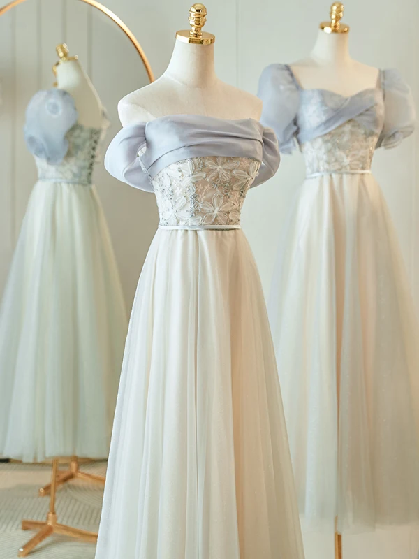 Chic / Beautiful Grey Beading Bridesmaid Dresses 2023 A-Line / Princess Short Sleeve Backless Floor-Length / Long Bridesmaid Dresses