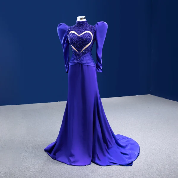 High-end Vintage / Retro Royal Blue Handmade  Beading Sequins Evening Dresses 2022 Trumpet / Mermaid High Neck Puffy 1/2 Sleeves Sweep Train Evening Party Formal Dresses