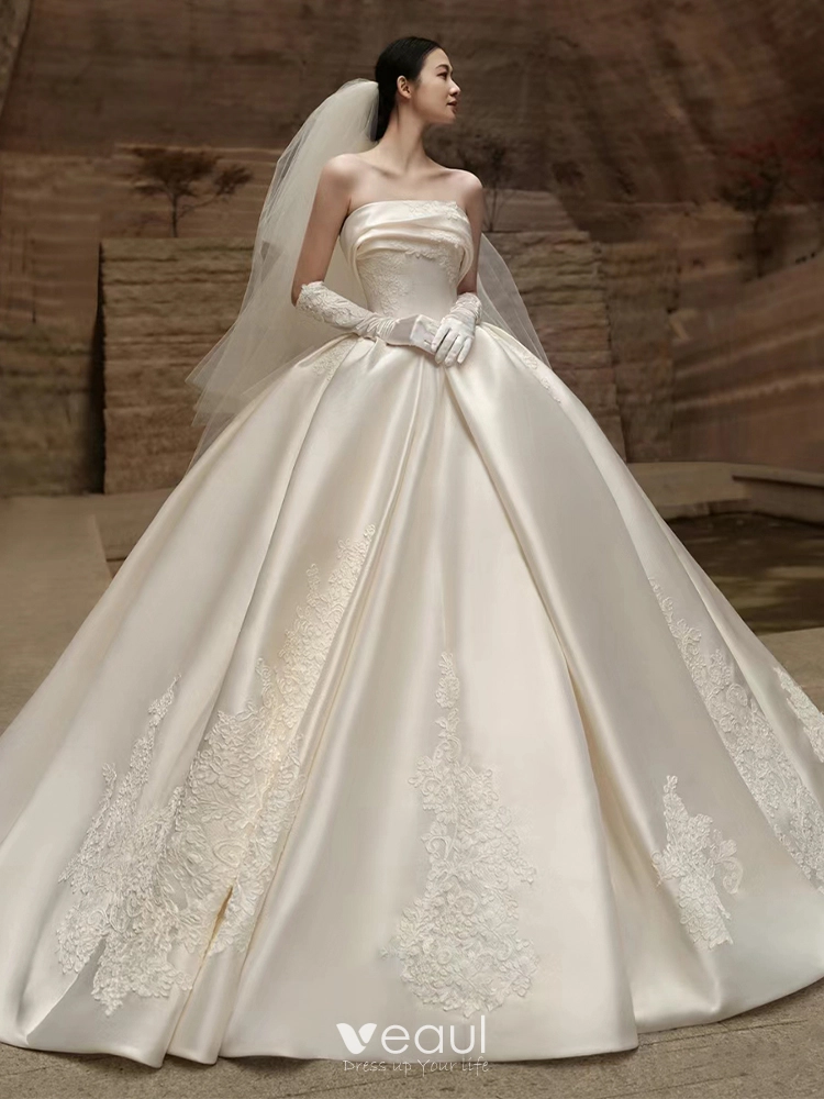 Off the Shoulder Satin and Lace White Wedding Ball Gown with Sleeves –  Dreamdressy