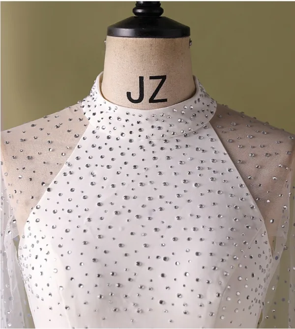 Elegant Hvide Rhinestone Gallakjoler 2024 Havfrue Høj Hals Ærmeløs Lange Galla Kjoler
