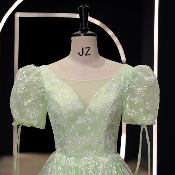 Chic / Beautiful Sage Green Floral Outdoor / Garden Prom Dresses 2023 A-Line / Princess Scoop Neck Short Sleeve Backless Floor-Length / Long Prom Formal Dresses