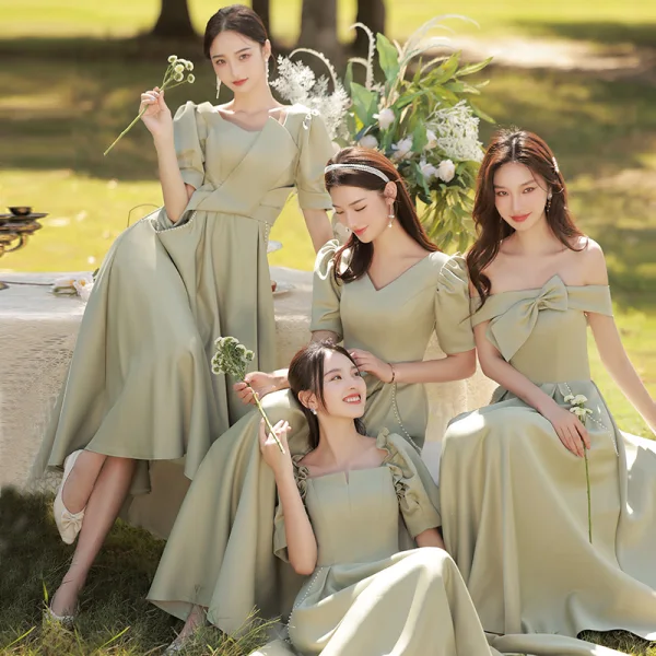 Simple Vert Cendré Satin Robe Demoiselle D'honneur 2022 Princesse Manches Courtes Dos Nu Longue Demoiselle D'honneur