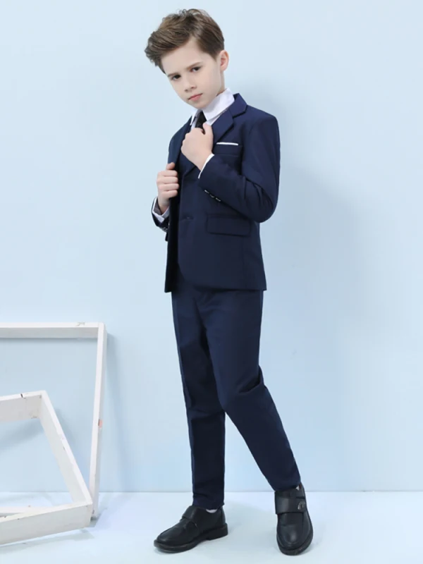 Navy Blue Long Sleeve Boys Wedding Suits 2022 Wedding Coat Pants Shirt Tie Vest