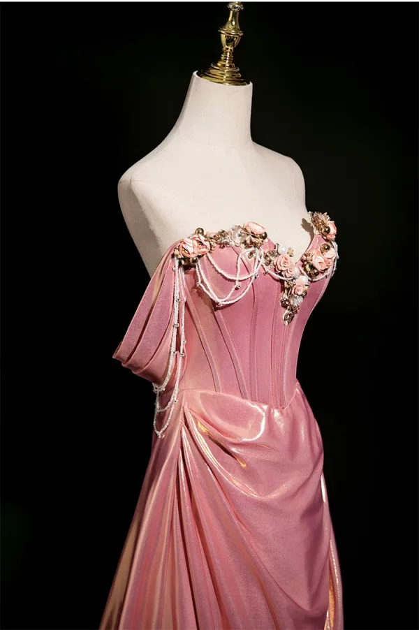 Schöne Rosa Perlenstickerei Applikationen Ballkleider 2025 A Linie Off Shoulder Ärmellos Rückenfreies Sweep / Pinsel Zug Ball Festliche Kleider