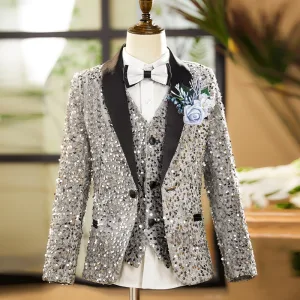Scintillantes Gris Paillettes Manches Longues Costume Garçon Mariage 2025 Mariage Bijoux De Corps Manteau Pantalon Chemise Cravate Gilet