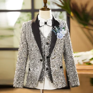 Sparkly Grey Sequins Long Sleeve Boys Wedding Suits 2025 Wedding Body Jewellery Coat Pants Shirt Tie Vest