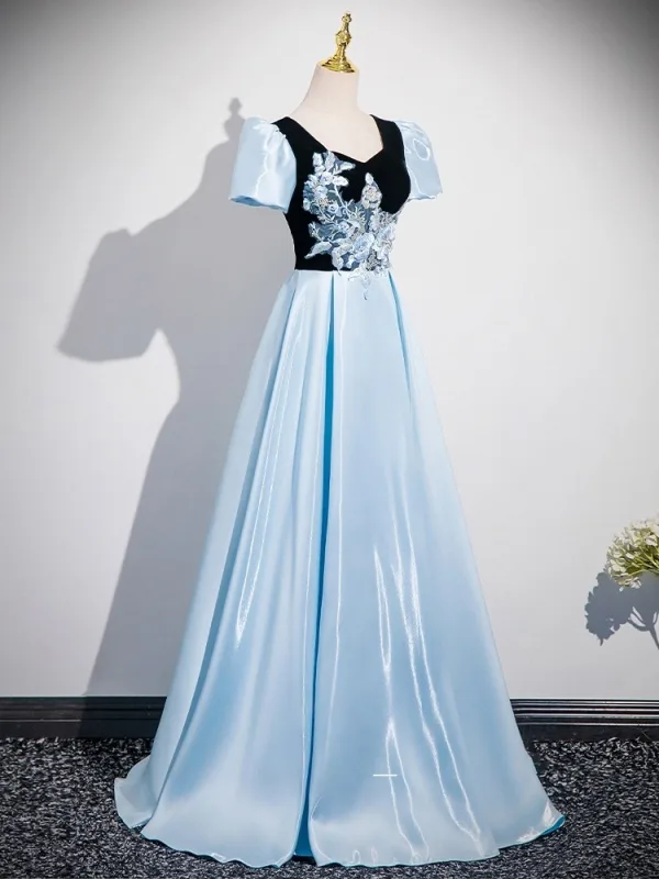 Élégant Bleu Ciel En Dentelle Fleur Robe De Bal 2025 Princesse Encolure Carrée Gonflée Manches Courtes Dos Nu Longue Robe De Ceremonie