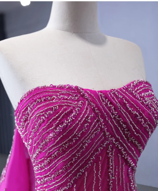 High-end Fuchsia Handmade  Beading Prom Dresses 2024 Trumpet / Mermaid Strapless Sleeveless Backless Court Train Prom Formal Dresses
