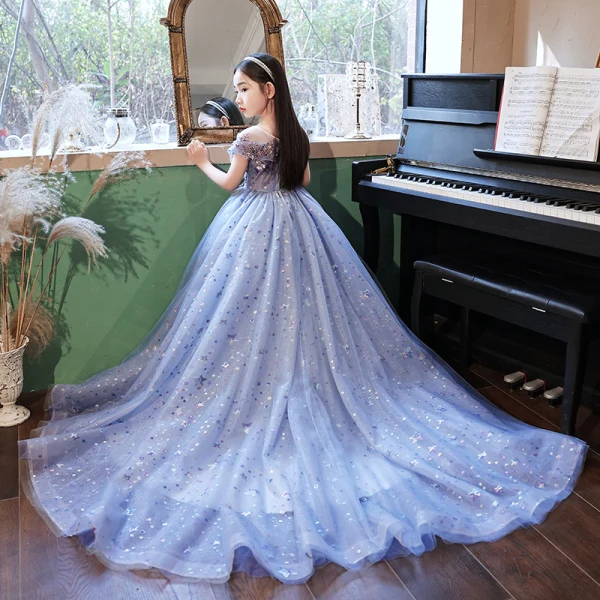 Chic / Beautiful Pool Blue Beading Sequins Lace Flower Evening Party Flower Girl Dresses 2022 Ball Gown Scoop Neck Short Sleeve Court Train Flower Girl Dresses