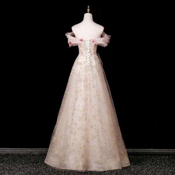 Glitzernden Charmant Weiß Perlenstickerei Applikationen Pailletten Ballkleider 2025 A Linie Off Shoulder Kurze Ärmel Rückenfreies Lange Festliche Kleider