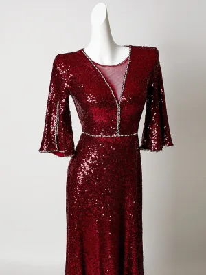 Scintillantes Bordeaux Faux Diamant Paillettes Robe De Soirée 2026 Trompette Sirène Encolure Dégagée Manches Courtes Longue Robe De Ceremonie