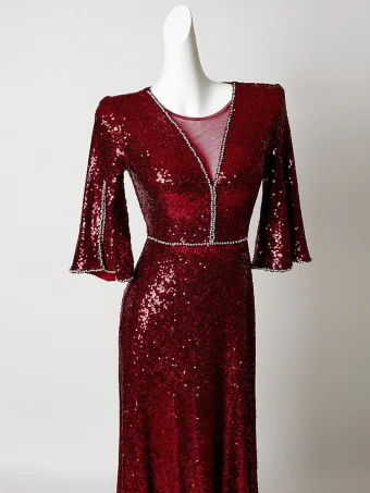 Glitter Bordeaux Rhinestone Pailletten Avondjurken 2026 Trompet Zeemeermin Ronde Hals Korte Mouwen Lange Gelegenheid Jurken
