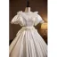 Vintage / Retro Ivory Satin Appliques Wedding Dresses 2025 Ball Gown V-Neck Puffy Short Sleeve Backless Court Train