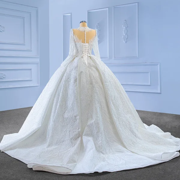 Luxury / Gorgeous White Handmade  Beading Sequins Wedding Dresses 2023 Ball Gown High Neck Long Sleeve Court Train Wedding