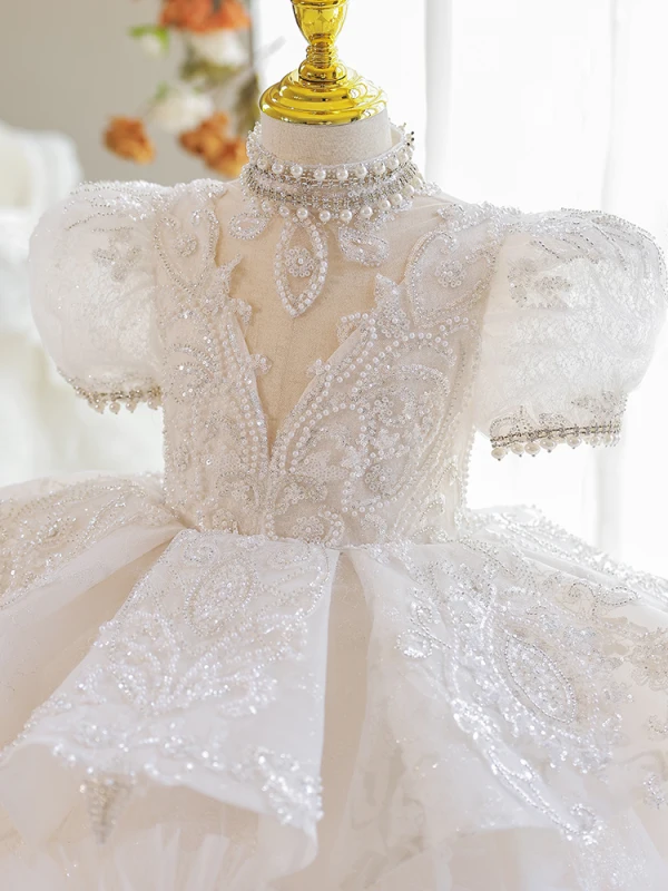 Luxury / Gorgeous White Beading Pearl Rhinestone Sequins Birthday Flower Girl Dresses 2023 Cascading Ruffles Ball Gown High Neck Puffy Short Sleeve Backless Floor-Length / Long