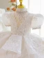 Luxury / Gorgeous White Beading Pearl Rhinestone Sequins Birthday Flower Girl Dresses 2023 Cascading Ruffles Ball Gown High Neck Puffy Short Sleeve Backless Floor-Length / Long