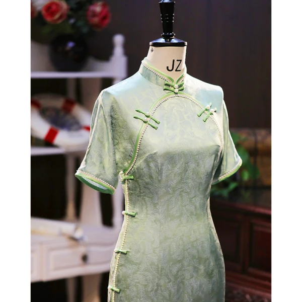 Chinese style Sage Green Pearl Printing Silk Prom Cheongsam 2024 Trumpet / Mermaid High Neck Short Sleeve Tea-length