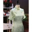 Chinese style Sage Green Pearl Printing Silk Prom Cheongsam 2024 Trumpet / Mermaid High Neck Short Sleeve Tea-length