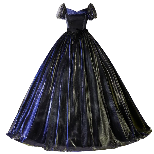 Élégant Bleu Marine Robe De Bal 2022 Robe Boule Encolure Carrée Manches Courtes Dos Nu Noeud Longue Promo Robe De Ceremonie