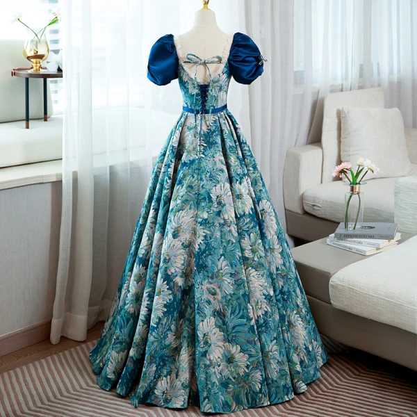 Elegant Pool Blue Printing Prom Dresses 2022 Ball Gown Square Neckline Puffy Short Sleeve Backless Bow Sash Floor-Length / Long Prom Formal Dresses
