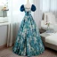Elegant Pool Blue Printing Prom Dresses 2022 Ball Gown Square Neckline Puffy Short Sleeve Backless Bow Sash Floor-Length / Long Prom Formal Dresses