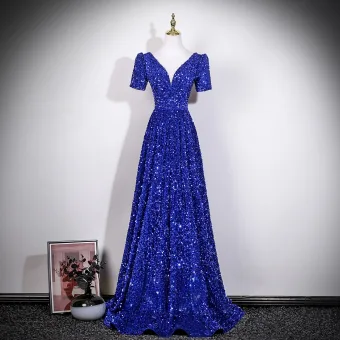 Sparkly Royal Blue Sequins Prom Dresses 2026 A Line Princess V Neck Short Sleeve Backless Floor Length Long