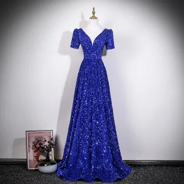 Sparkly Royal Blue Sequins Prom Dresses 2026 A Line Princess V Neck Short Sleeve Backless Floor Length Long