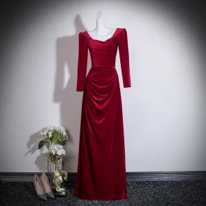 Simple Rouge Velours Robe De Bal 2026 Princesse Encolure Carrée 3 4 Manches Dos Nu Longue Robe De Ceremonie