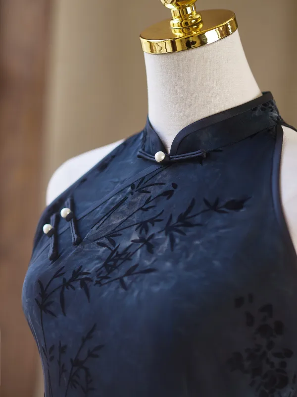 Chinese style Vintage / Retro Navy Blue Printing Evening Party Cheongsam 2025 Trumpet / Mermaid High Neck Sleeveless Tea-length Cheongsam / Qipao