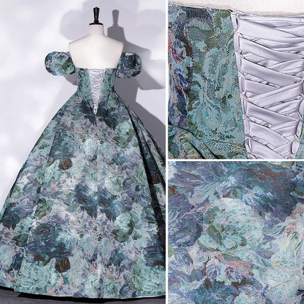 Vintage / Retro Multi-Colors Printing Satin Prom Dresses 2022 Ball Gown Strapless Short Sleeve Backless Floor-Length / Long Formal Dresses
