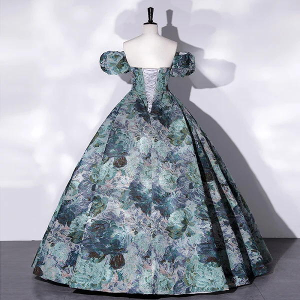 Vintage / Retro Multi-Colors Printing Satin Prom Dresses 2022 Ball Gown Strapless Short Sleeve Backless Floor-Length / Long Formal Dresses