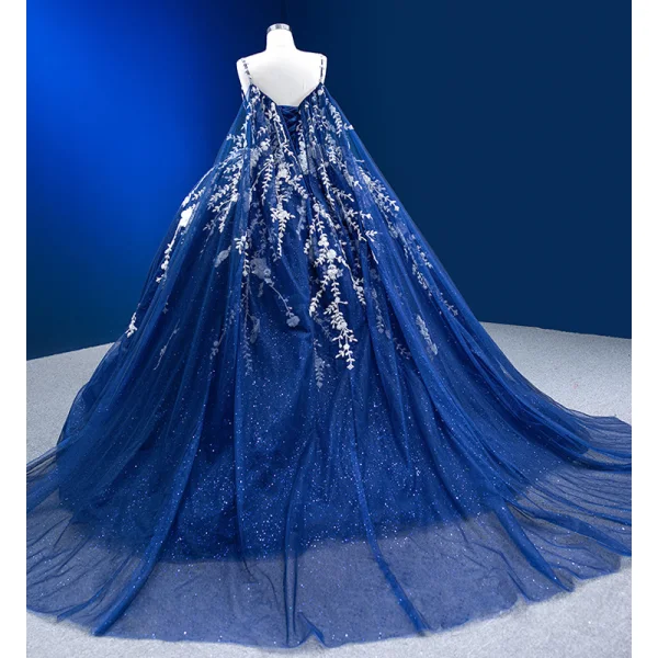 Haut de Gamme Bleu Marine Fait main Perlage Paillettes Appliques Robe De Bal 2023 Robe Boule Bretelles Spaghetti Sans Manches Dos Nu Longue Promo Robe De Ceremonie