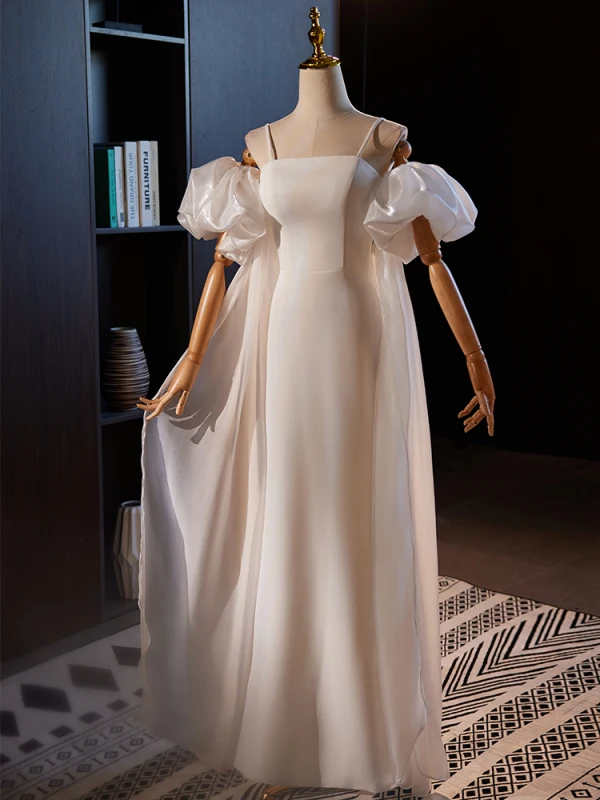 Schöne Beige Leichtes Brautkleider / Hochzeitskleider 2024 Meerjungfrau Spaghettiträger Geschwollenes Kurze Ärmel Rückenfreies Lange Hochzeit