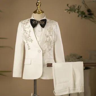 White Handmade Beading Satin Long Sleeve 5 Piece Boys Wedding Suits 2025 Wedding Coat Pants Shirt Tie Vest