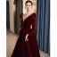 Elegant Burgundy Suede Prom Dresses 2024 A-Line / Princess V-Neck Long Sleeve Backless Floor-Length / Long Prom Formal Dresses