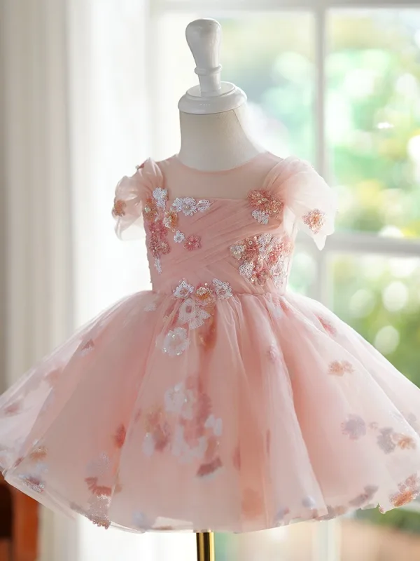 Chic / Belle Rougissant Rose Appliques Paillettes Anniversaire Robe Ceremonie Fille Robe Ceremonie Fille 2024 Robe Boule Tulle Encolure Dégagée Courte Mancherons