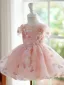 Chic / Belle Rougissant Rose Appliques Paillettes Anniversaire Robe Ceremonie Fille Robe Ceremonie Fille 2024 Robe Boule Tulle Encolure Dégagée Courte Mancherons
