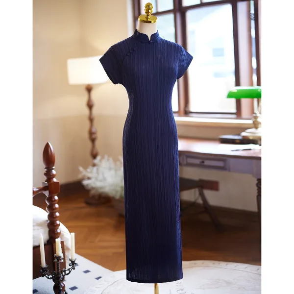 Chinese style Vintage / Retro Dark Green Prom Cheongsam 2024 Trumpet / Mermaid High Neck Short Sleeve Floor-Length / Long