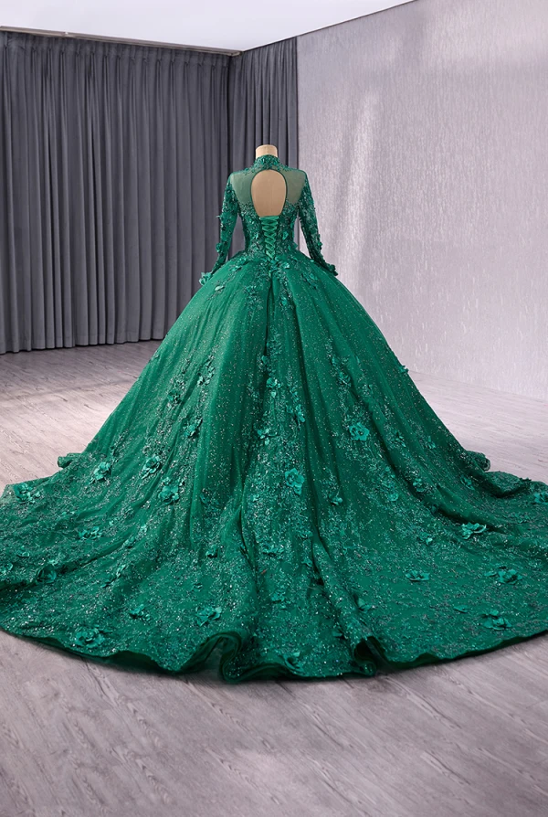 High-end Red Handmade  Beading Pearl Sequins Appliques Prom Dresses 2024 Ball Gown High Neck Long Sleeve Backless Chapel Train Prom Formal Dresses