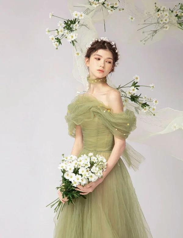 Fashion Sage Green Sequins Ruffle Prom Dresses 2025 A-Line / Princess Off-The-Shoulder Short Sleeve Backless Floor-Length / Long Prom Formal Dresses