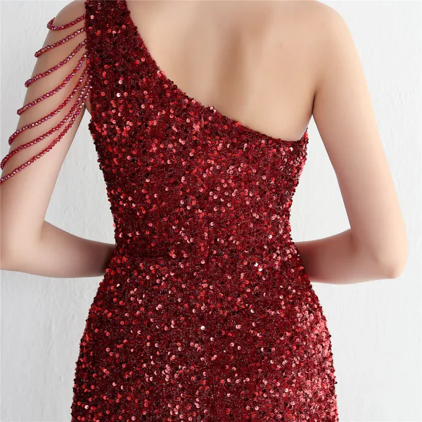 Glitzernden Dunkelgrün Perlenstickerei Pailletten Gespaltete Front Abendkleider 2024 Meerjungfrau One-Shoulder Ärmellos Rückenfreies Lange Abend Festliche Kleider