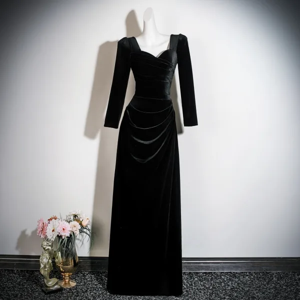 Vintage / Retro Royal Blue Velvet Prom Dresses 2026 Trumpet / Mermaid Square Neckline 3/4 Sleeve Backless Floor-Length / Long Formal Dresses