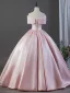 Lovely Blushing Pink Bow Satin Prom Dresses 2026 Ball Gown Off-The-Shoulder Short Sleeve Backless