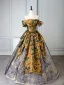 Vintage / Retro Tan Printing Prom Dresses 2025 Ball Gown Off-The-Shoulder Short Sleeve Backless Floor-Length / Long Formal Dresses