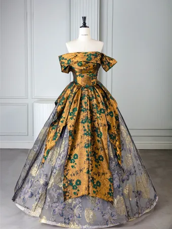 Vintage Tan Impresión Vestidos De Gala 2025 Ball Gown Fuera Del Hombro Manga Corta Sin Espalda Largos Vestidos Formales