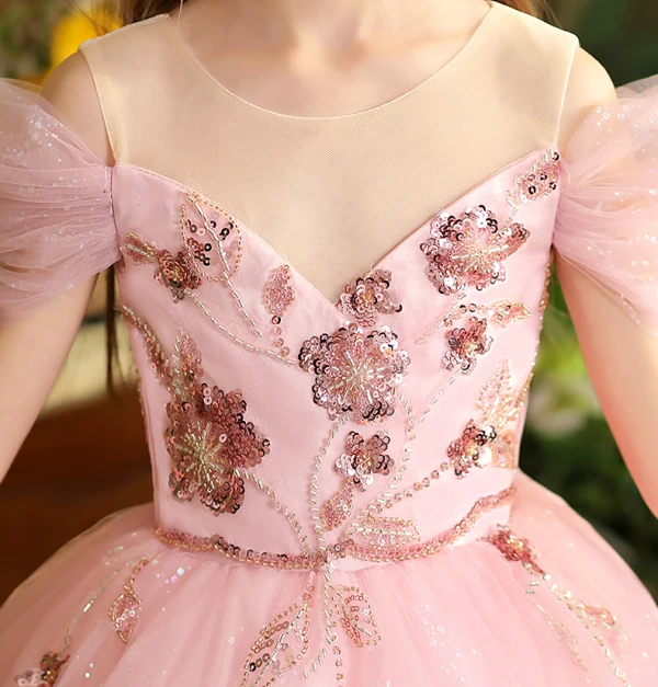 Chic / Beautiful Blushing Pink Beading Sequins Birthday Flower Girl Dresses 2024 A-Line / Princess Scoop Neck Short Sleeve Floor-Length / Long