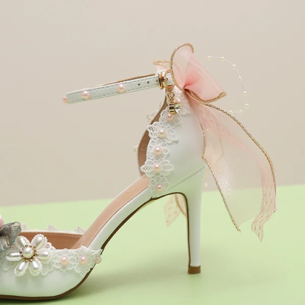 Lovely White Pearl Appliques Bow Prom Womens Sandals 2024 Ankle Strap 9 cm Stiletto Heels Pointed Toe Womens Shoes High Heels