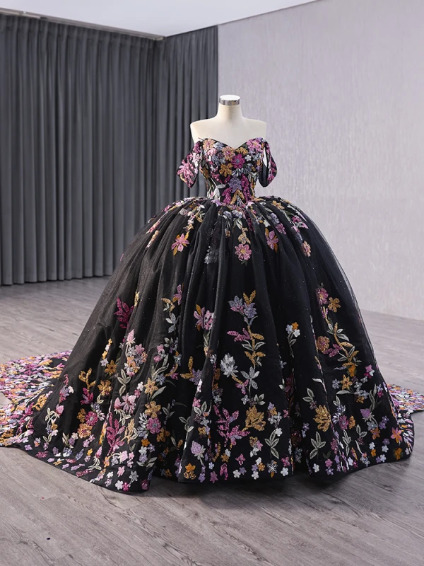 High-end Vintage / Retro Black Handmade  Sequins Lace Flower Prom Dresses 2024 Ball Gown Off-The-Shoulder Short Sleeve Backless Royal Train Prom